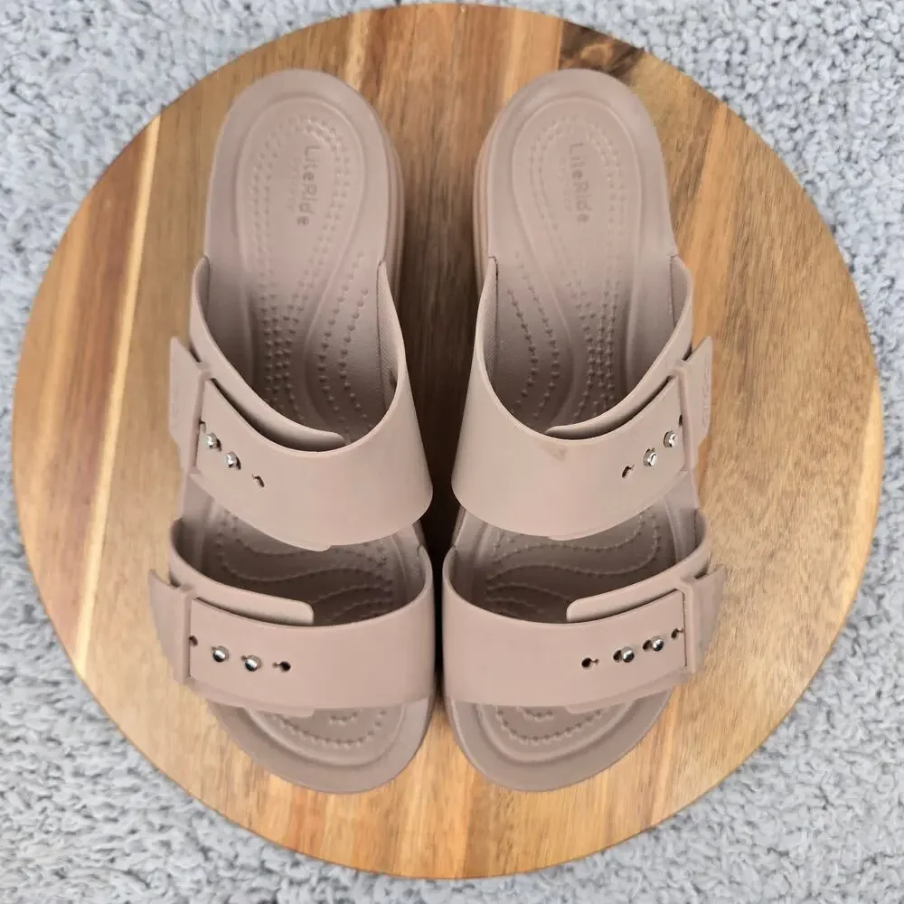 Crocs Womens 7 Brooklyn Latte Brown Buckle Low Double Strap Casual Wedge Sandal